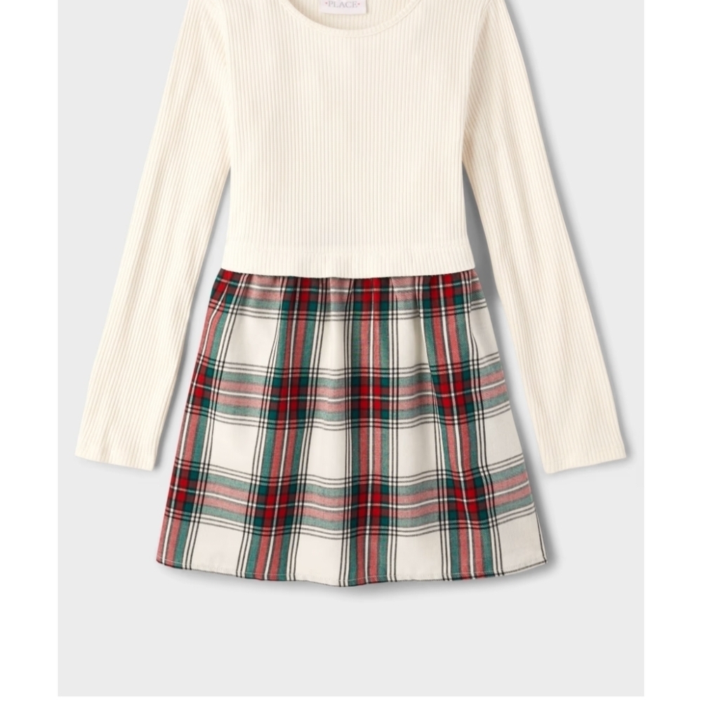 The Children's Place Girls' Long Sleeve Plaid Ribbed Fit and Flare Dress.Size 16 - Picture 3 of 13